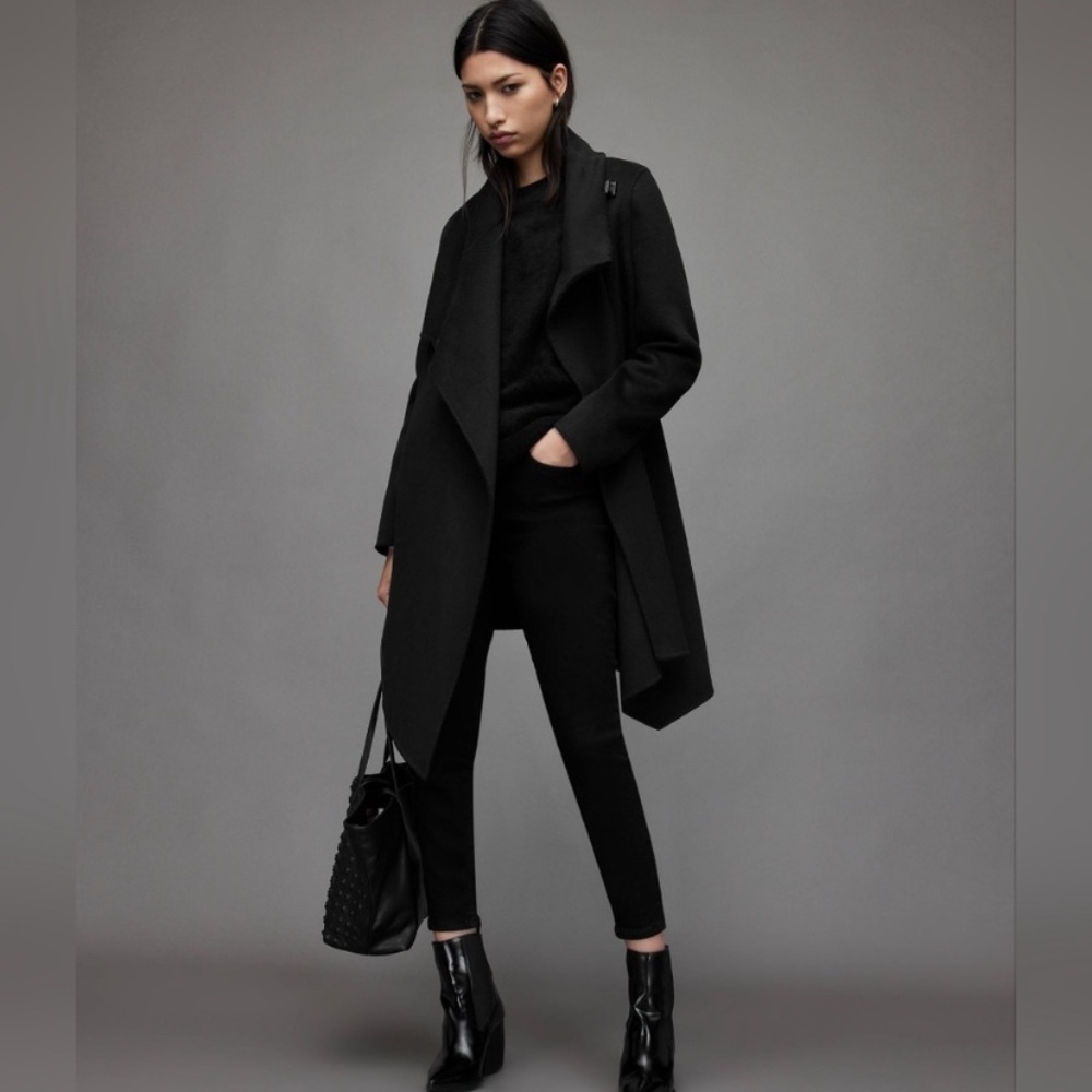 All Saints Monument Black Funnel neck Wool blend coat sz 00